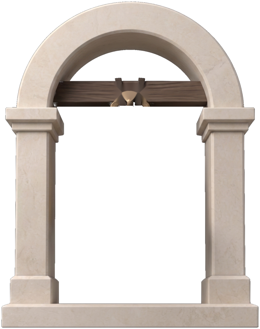 A bronze church bell hanging in a white stone belfry
