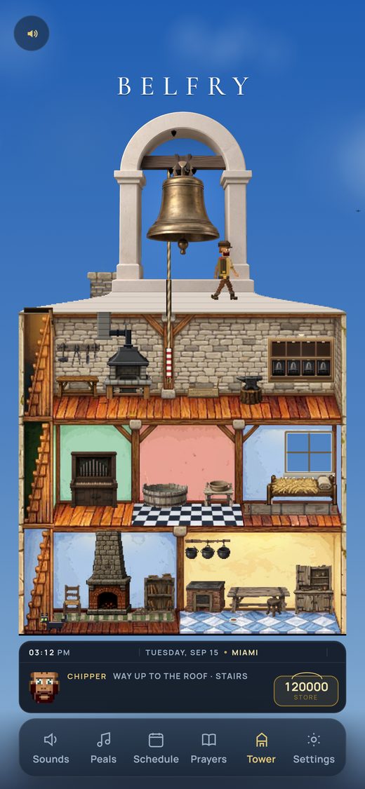 A cutaway view of a stone bell tower at night in BELFRY